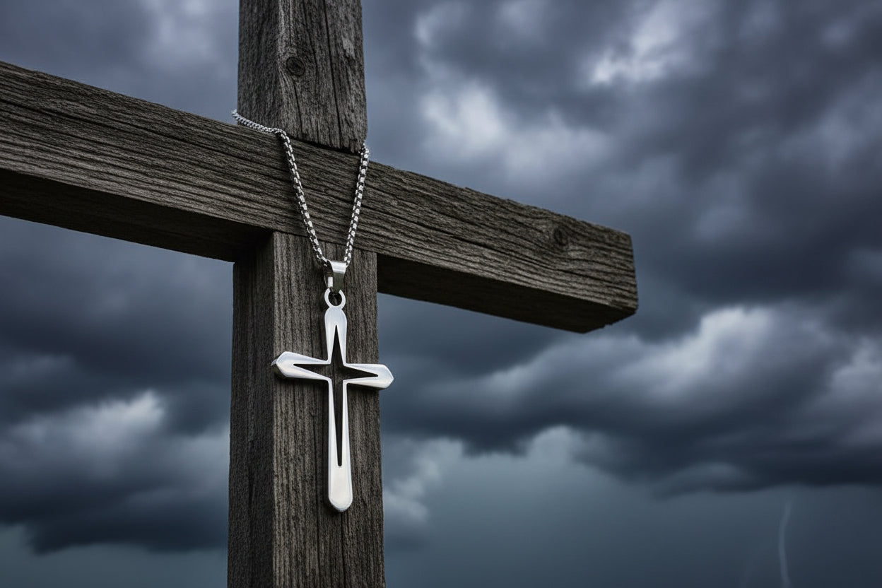 Silver cross pendant on a hand