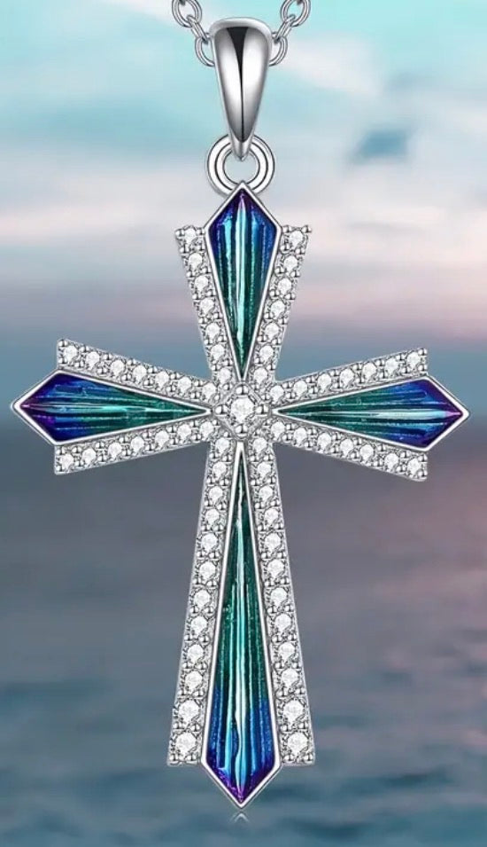 Blue Green Silver Cross Necklace with Simulated Diamonds.