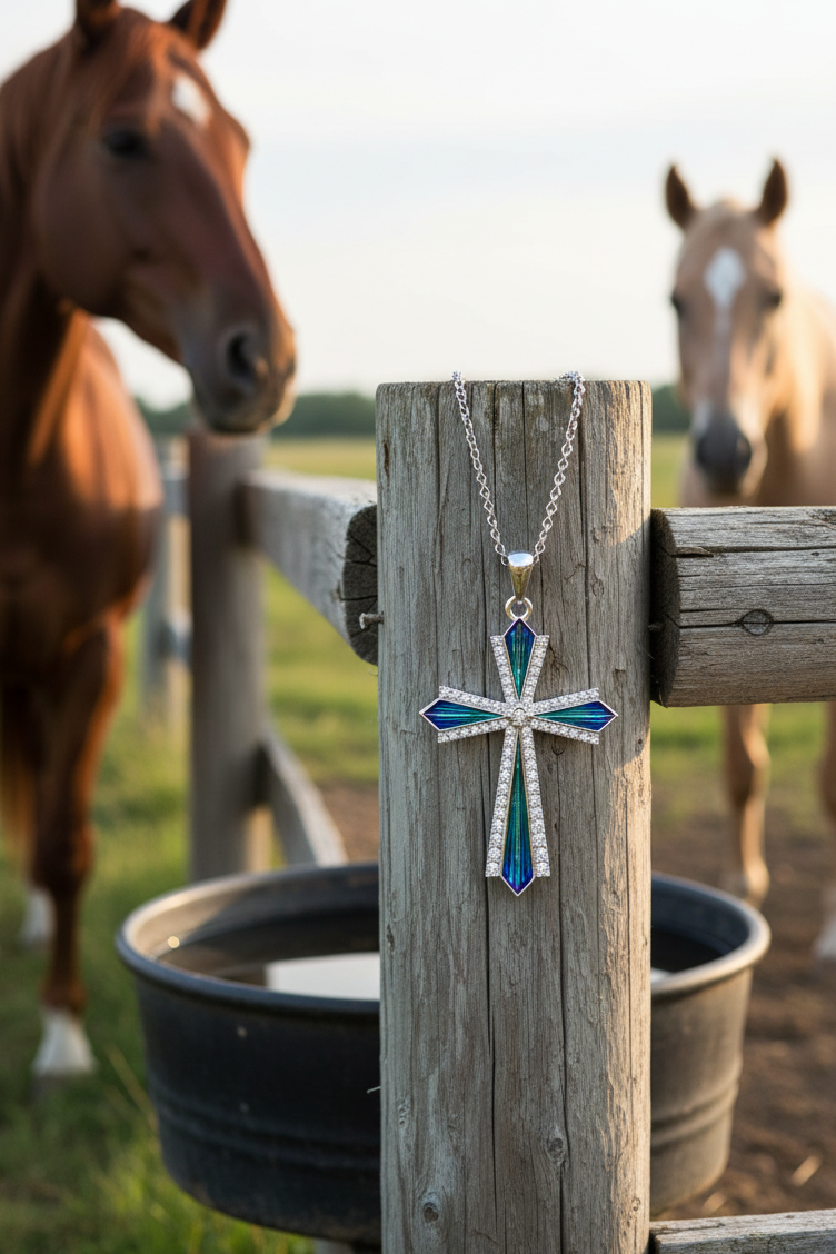 Blue Green Silver Cross Necklace with Simulated Diamonds.