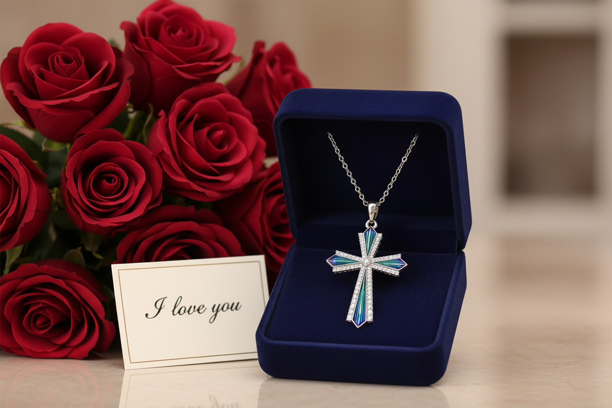 Blue Green Silver Cross Necklace with Simulated Diamonds.