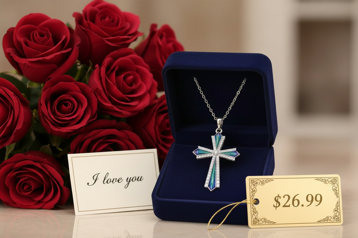 Blue Green Silver Cross Necklace with Simulated Diamonds.