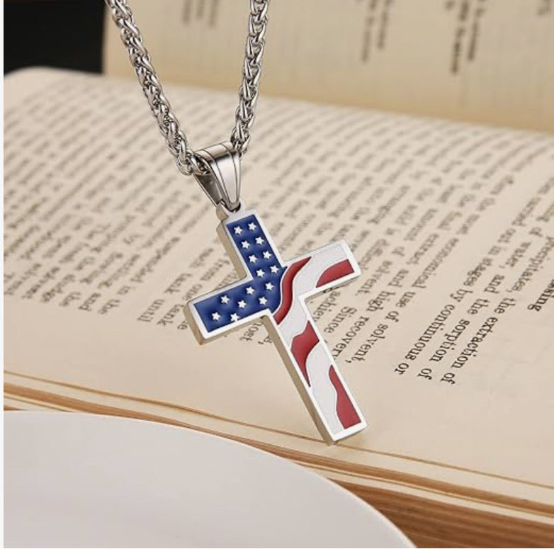 Flag Cross Necklace. Stainless Steel Chain. Available in gold, silver, and black. .￼