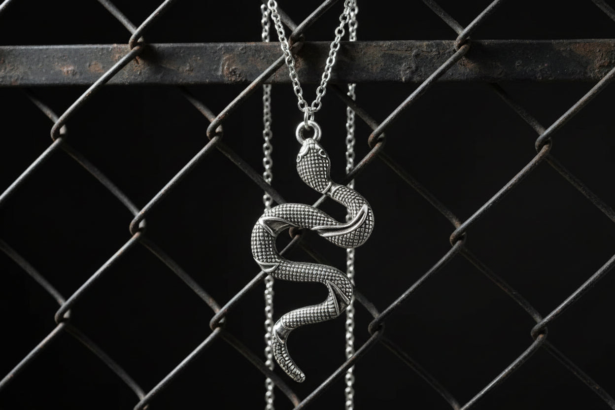 Silver snake pendant necklace held in a hand against a black background