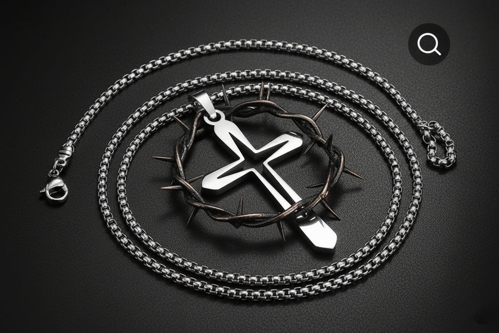 Silver cross pendant on a chain against a dark background