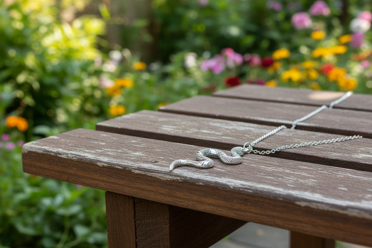 Silver snake pendant necklace on a black background