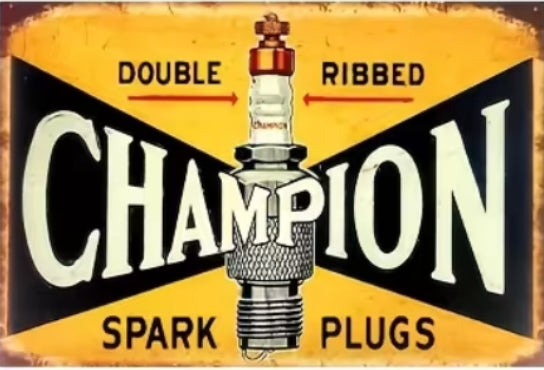Champion, spark plugs, garage sign