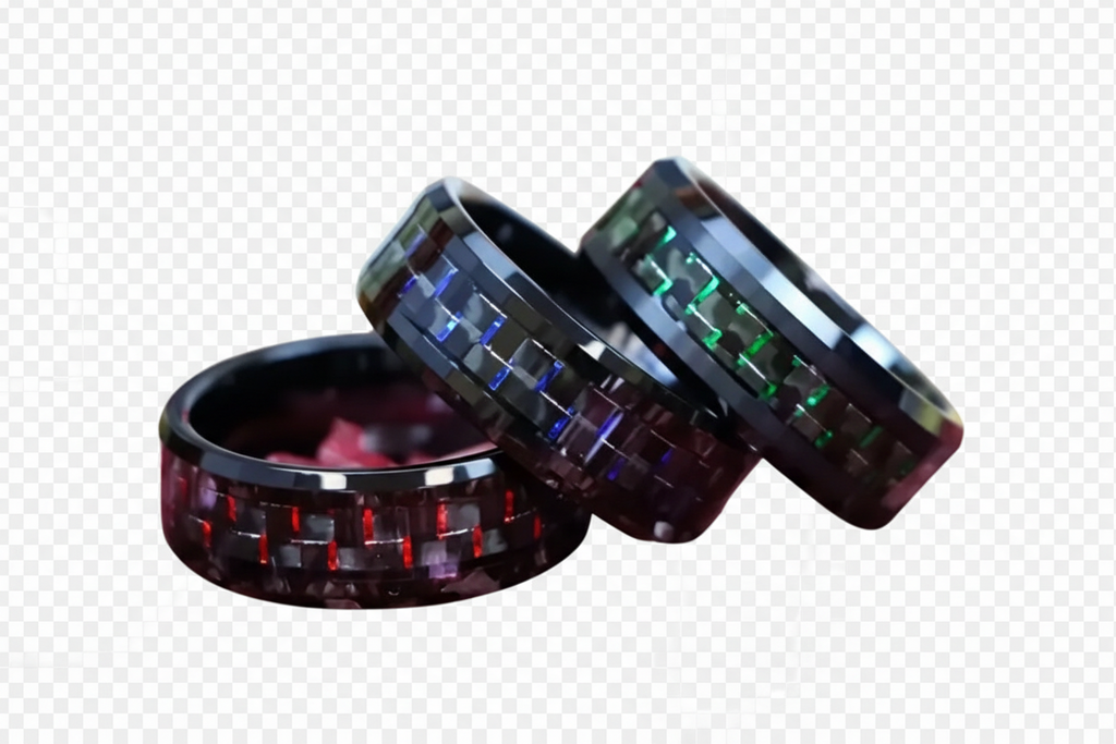 Tungsten Carbide Rings.  Carbon Fiber Inlays Band. Available in Green, Red, Blue.
