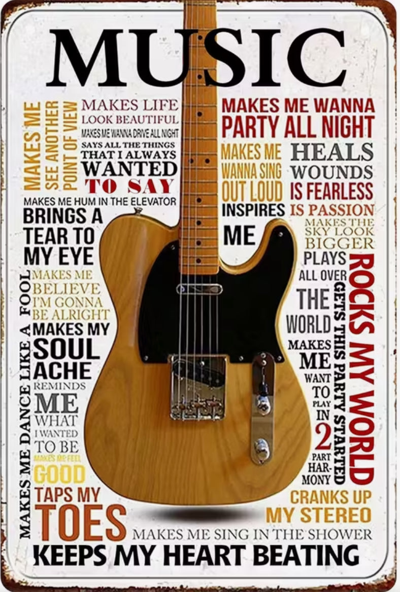 This is aluminum picture with guitar and mini rock ‘n’ roll lyrics