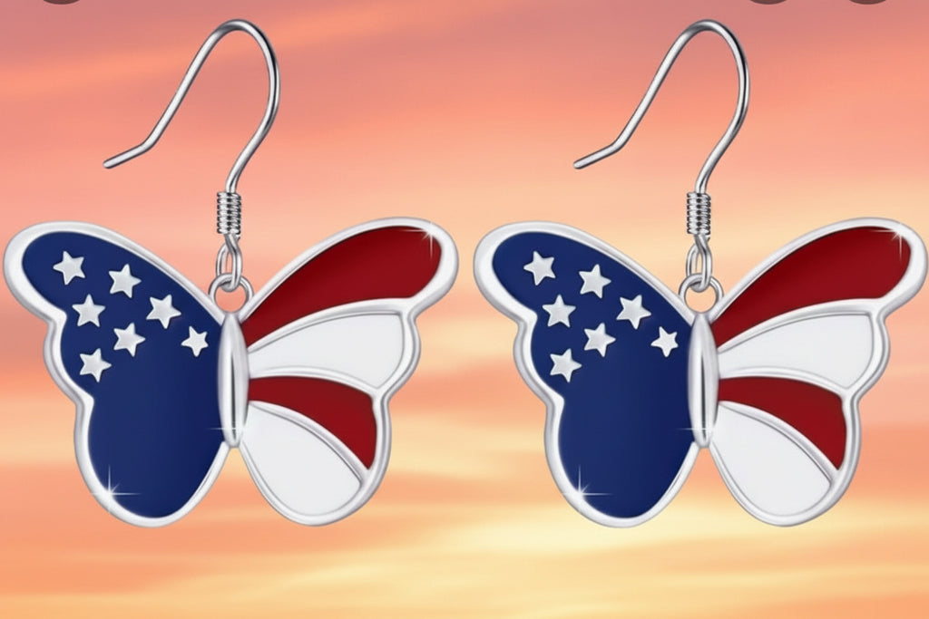 Butterfly earrings in American Red White And Blue. Flag design .