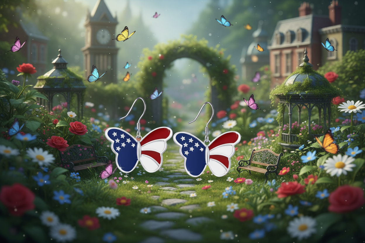 Butterfly earrings in American Red White And Blue. Flag design .