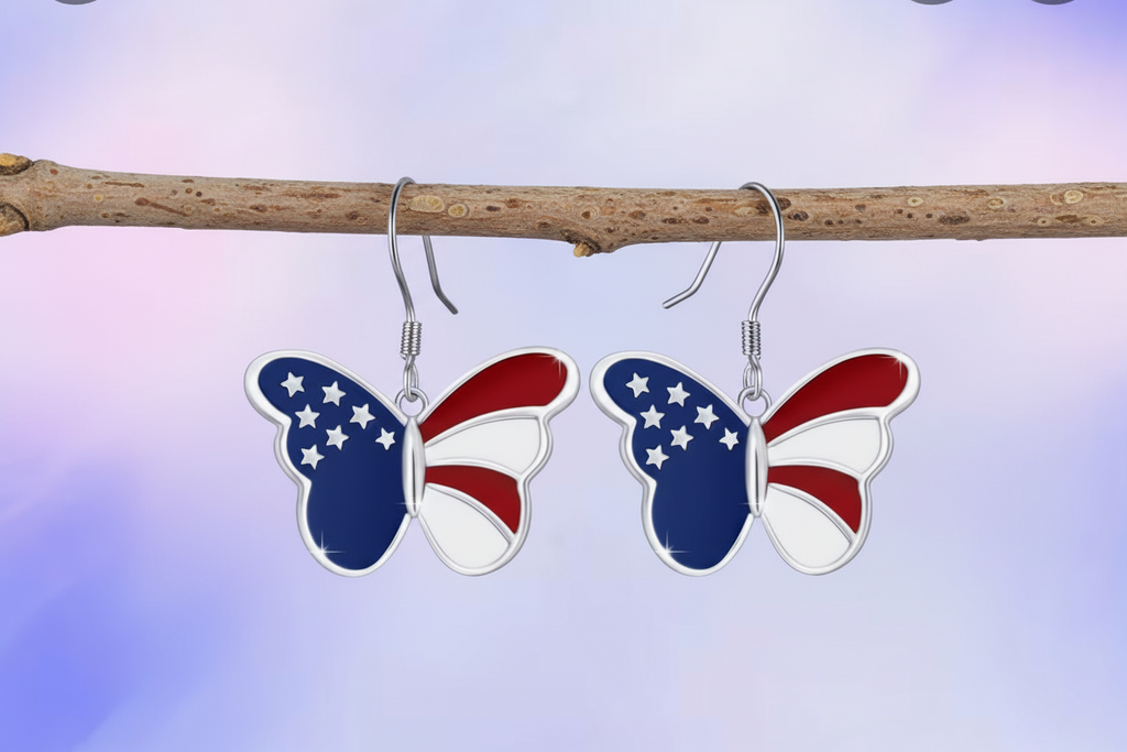 Butterfly earrings in American Red White And Blue. Flag design .