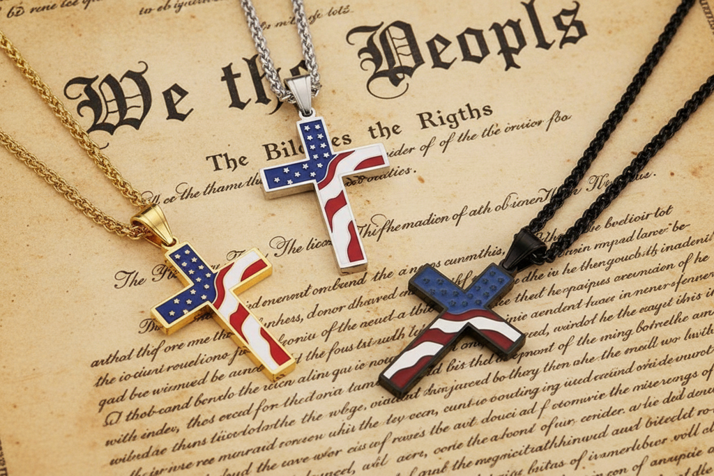 Flag Cross Necklace. Stainless Steel Chain. Available in gold, silver, and black. .￼