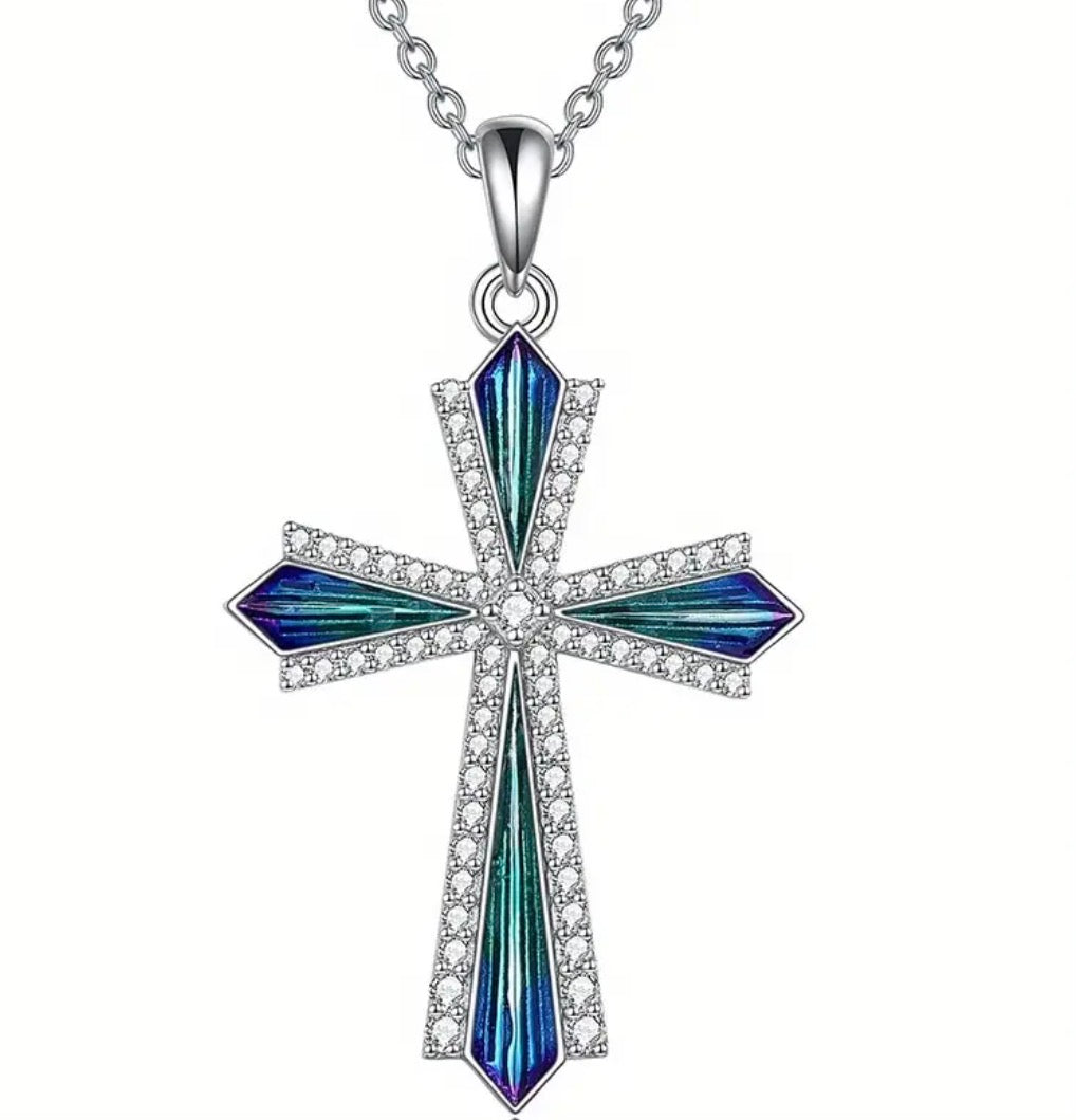 Blue Green Silver Cross Necklace with Simulated Diamonds.