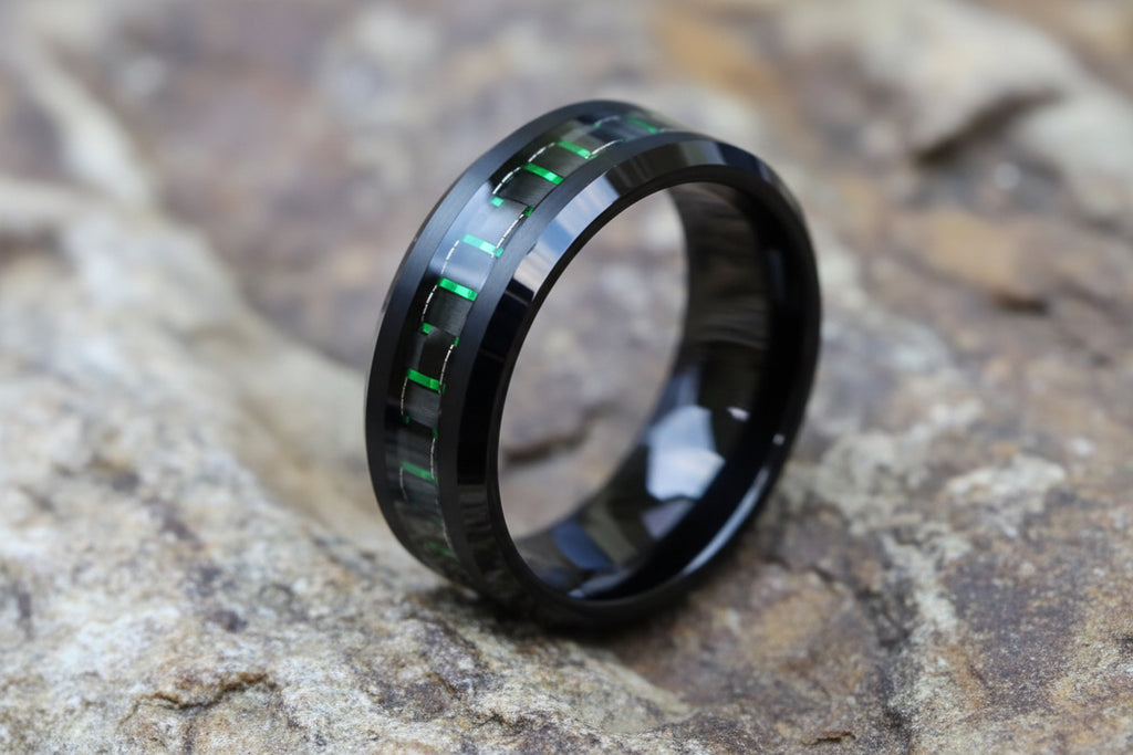 Tungsten Carbide Rings.  Carbon Fiber Inlays Band. Available in Green, Red, Blue.