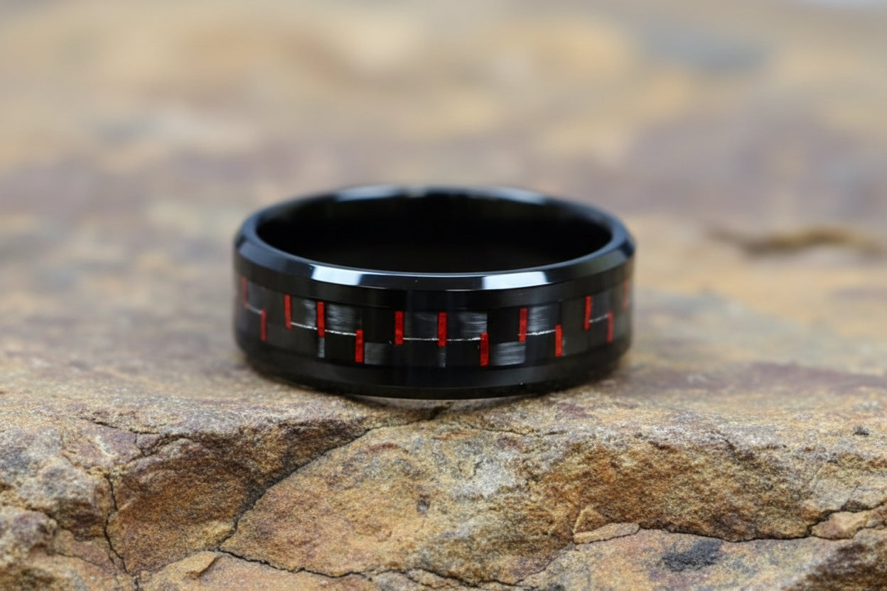 Tungsten Carbide Rings.  Carbon Fiber Inlays Band. Available in Green, Red, Blue.