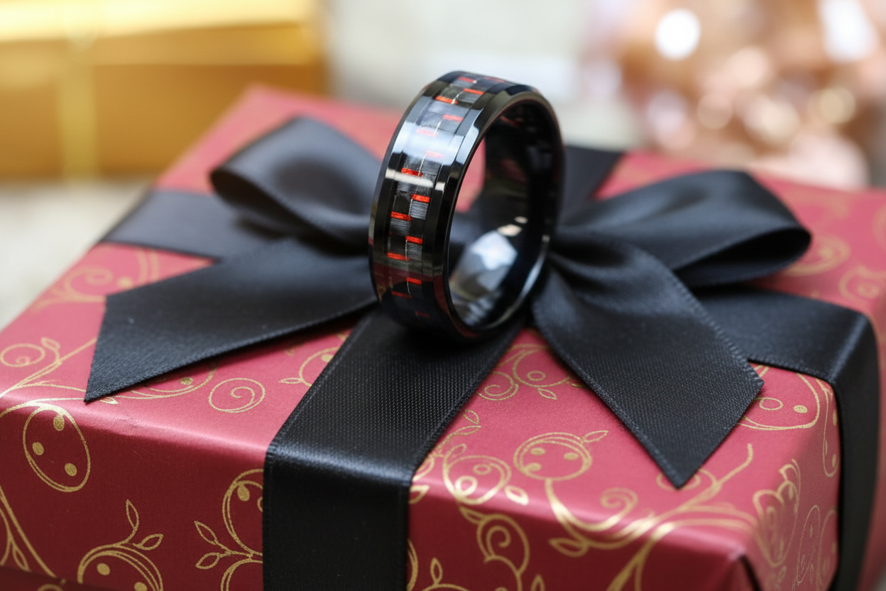 Tungsten Carbide Rings.  Carbon Fiber Inlays Band. Available in Green, Red, Blue.