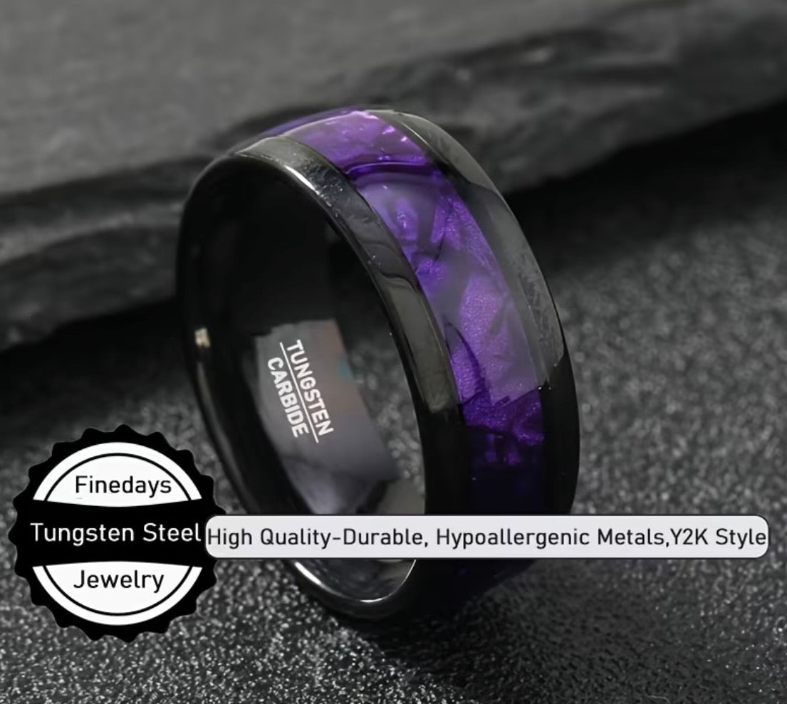 Tungsten Carbide Ring. Purple Sequin Band.