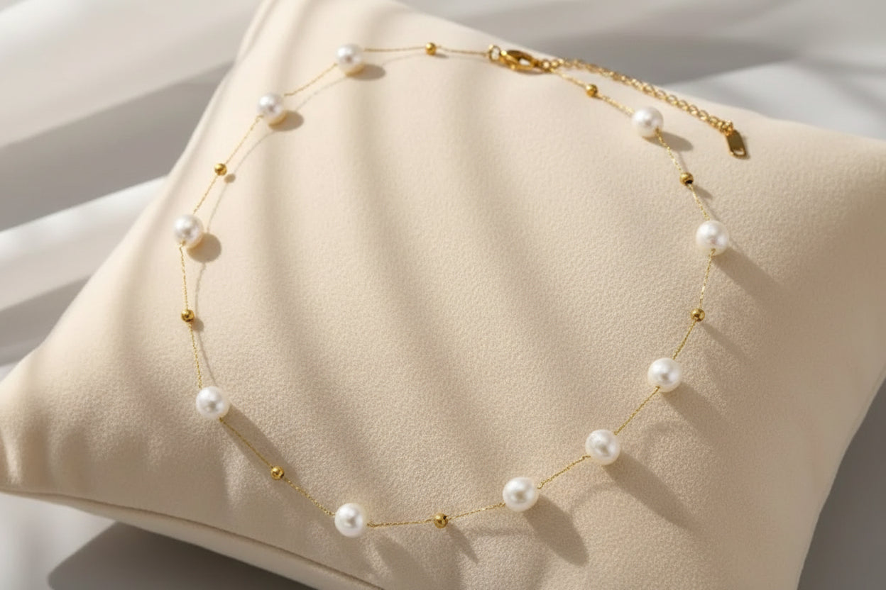 Faux Pearl Necklace. Gold Chain.