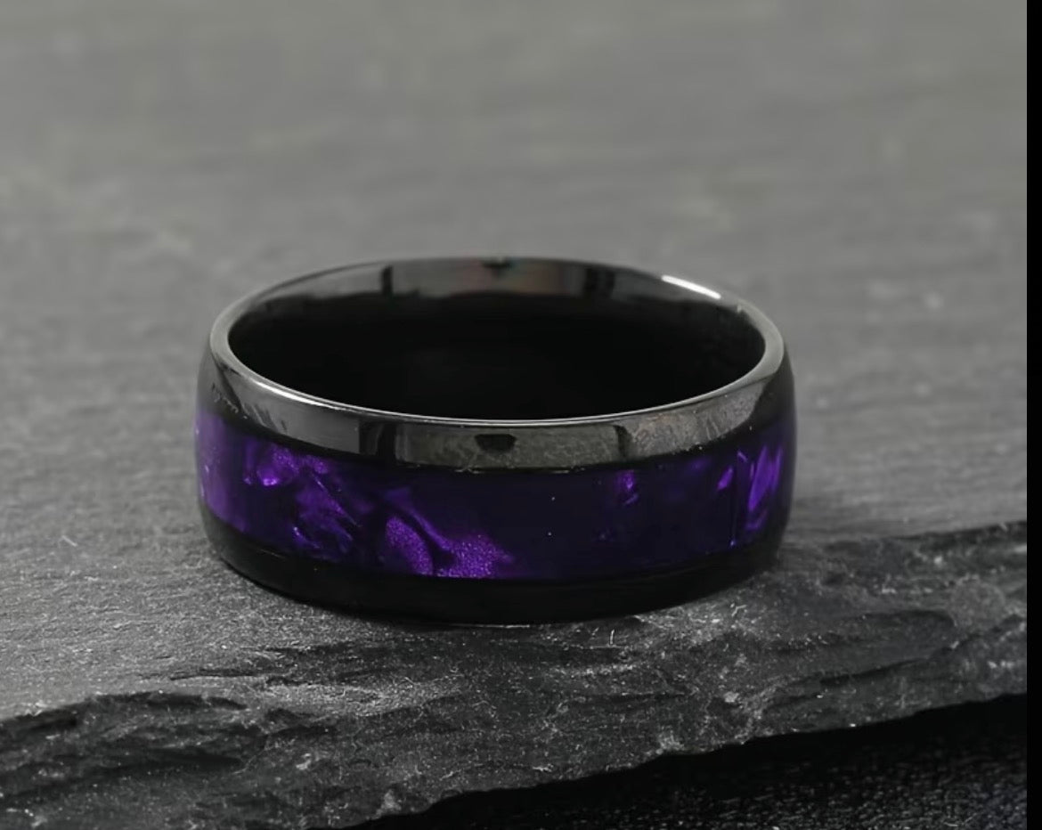 Tungsten Carbide Ring. Purple Sequin Band.