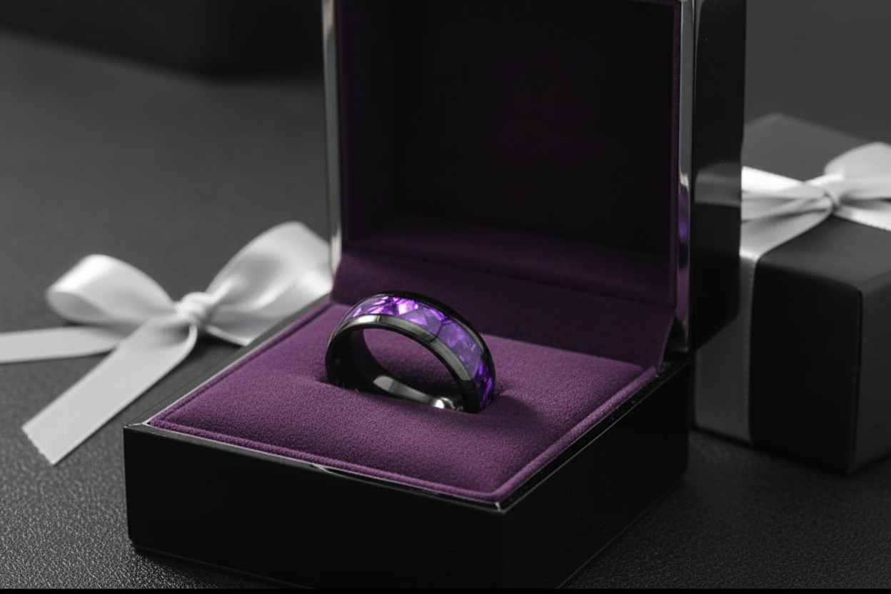 Tungsten Carbide Ring. Purple Sequin Band.