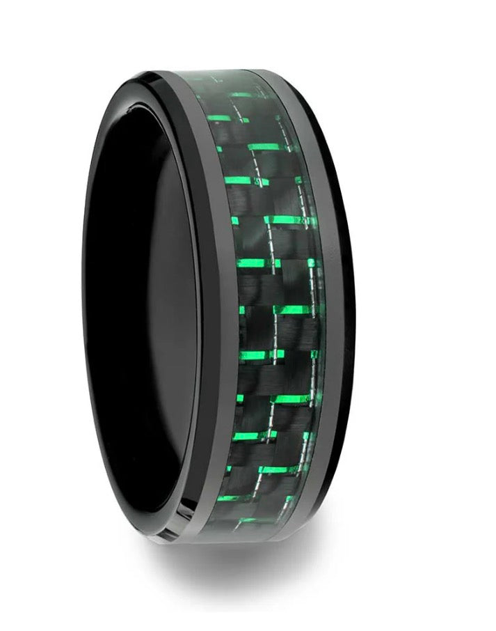 Tungsten Carbide Rings.  Carbon Fiber Inlays Band. Available in Green, Red, Blue.