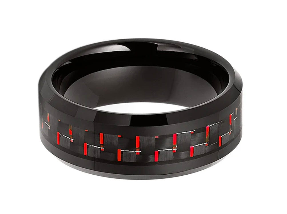 Tungsten Carbide Rings.  Carbon Fiber Inlays Band. Available in Green, Red, Blue.