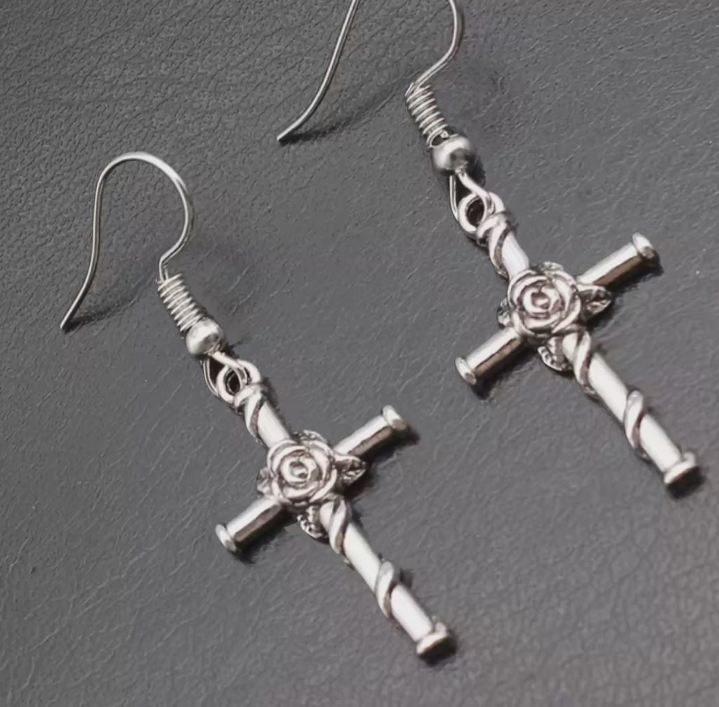 Cross and Rose Earrings.